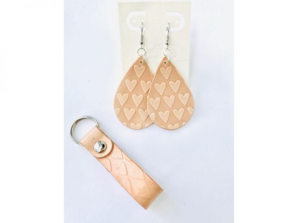 tear drop leather earrings and key chain hearts